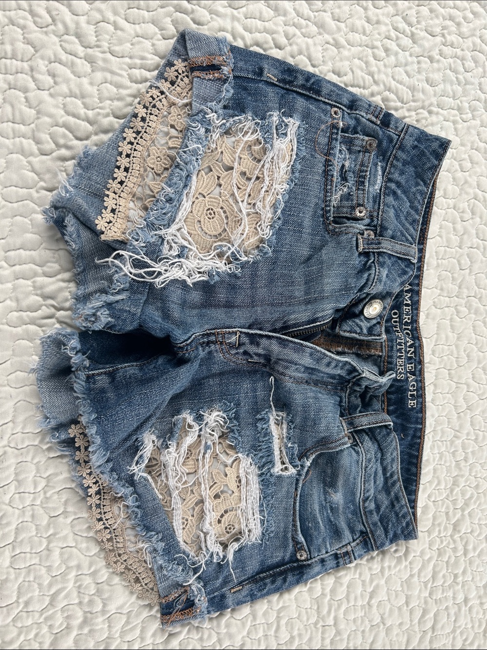 American Eagle Outfitters Blue Distressed Denim Shorts with Beige Lace